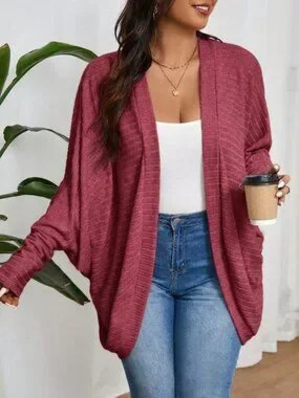 ZARA Burgundy Casual Women's Plus Size Loose Ribbed Brushed Knit Cardigan Jacket